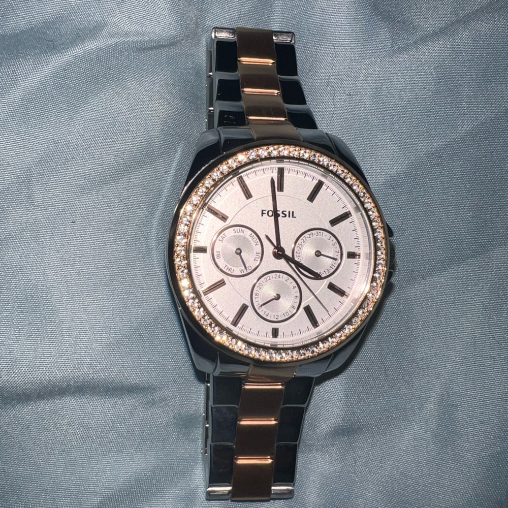 Fossil Black and Gold Watch with Crystal Bezel